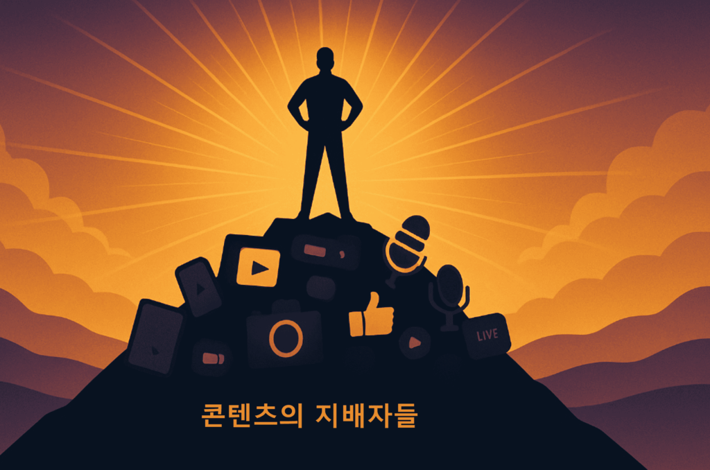 디지털 콘텐츠 요소들로 구성된 산 정상에 서 있는 인물 실루엣. 콘텐츠 크리에이터의 영향력과 성공을 상징하는 이미지