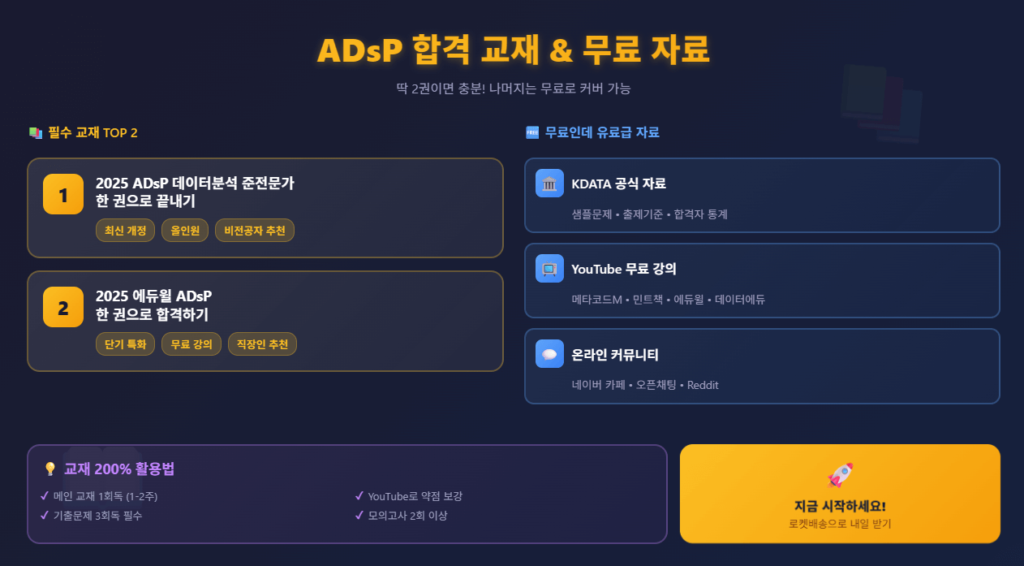 ADsP 합격 교재 & 무료 자료 안내: 필수 교재 TOP2와 KDATA 공식자료·YouTube 무료 강의·온라인 커뮤니티, 교재 200% 활용법 요약 배너