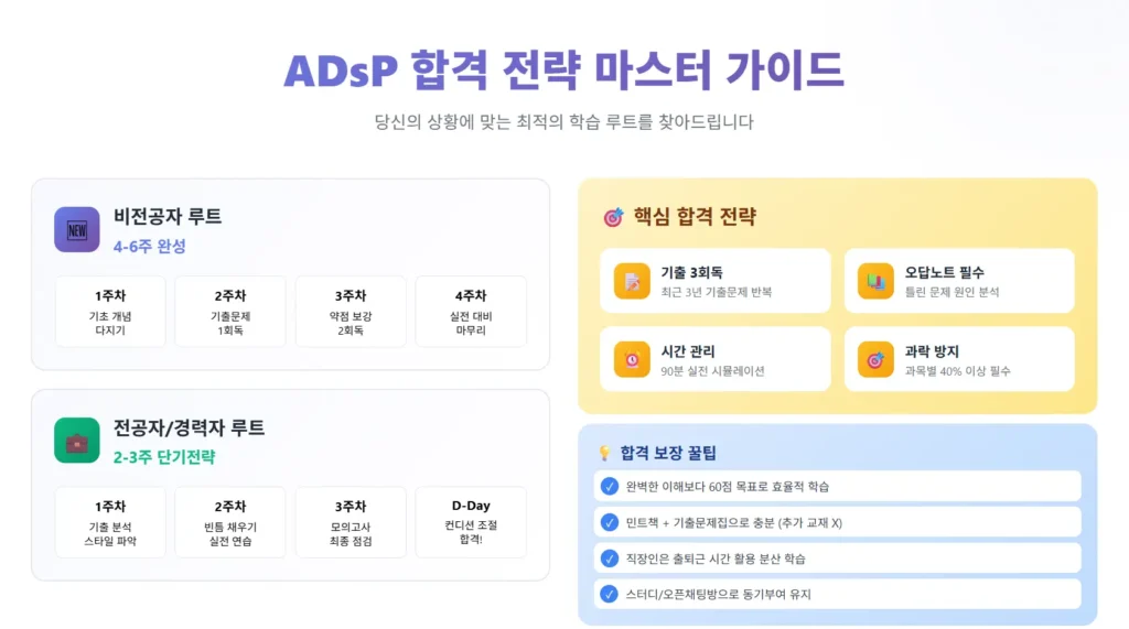 ADsP 합격 전략 마스터 가이드: 비전공자 4–6주 루트(기초→기출 1회독→약점 보강→실전 마무리), 전공자/경력자 2–3주 루트(기출 분석→실전 연습→모의고사→컨디션 조절), 핵심 전략(기출 3회독·시간 관리·오답노트·과락 방지)과 합격 팁 요약