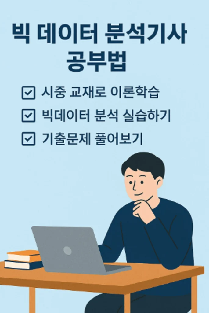 빅데이터 분석기사 공부법 인포그래픽, 시중 교재 이론학습·실습·기출문제 풀이