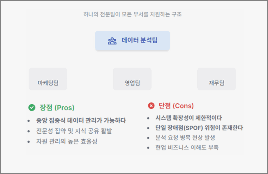 집중형 데이터 분석조직 구조의 장점과 단점: 중앙 집중식 데이터 관리 가능, 전문성 집약, 효율성 장점과 함께 확장성 제한, SPOF 위험, 병목 현상 등의 단점