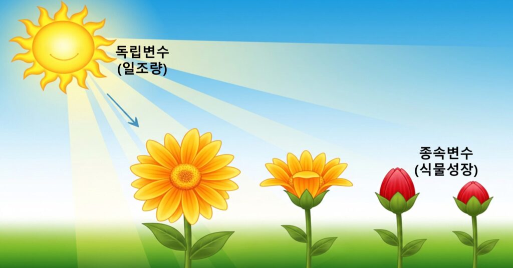 햇빛(독립변수, 일조량)에 따라 꽃이 성장하는 모습으로 종속변수(식물 성장)를 설명하는 이미지