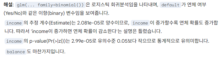 로지스틱 회귀 glm 결과에서 income과 balance 계수 해석 예제 이미지