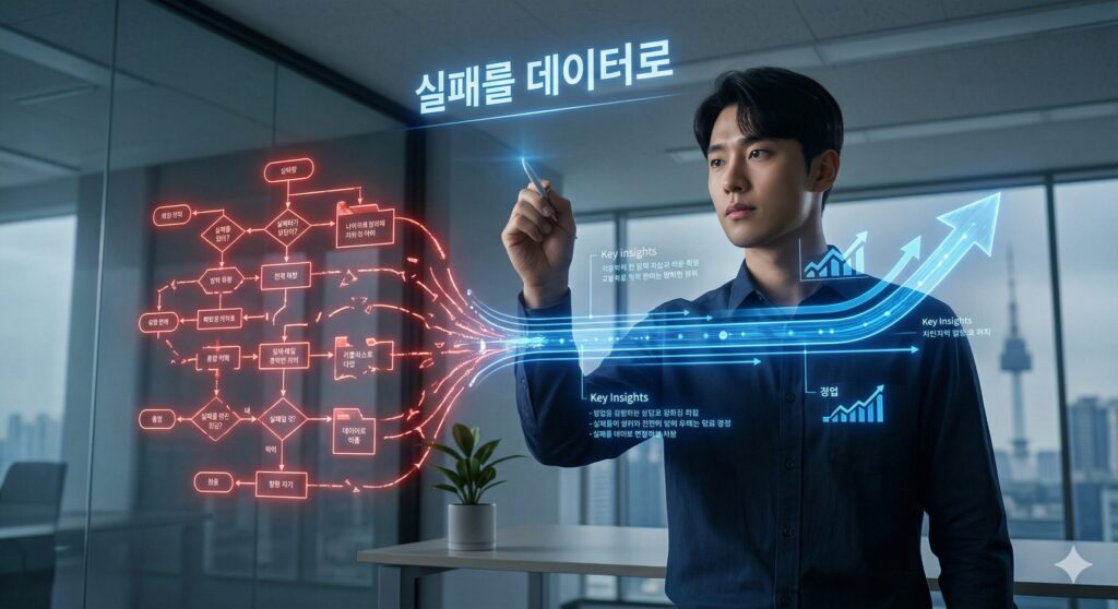 '실패를 데이터로'라는 홀로그램 문구를 분석하며 붉은 흐름을 푸른 성장 화살표로 바꾸는 한국인 남성 데이터 분석가