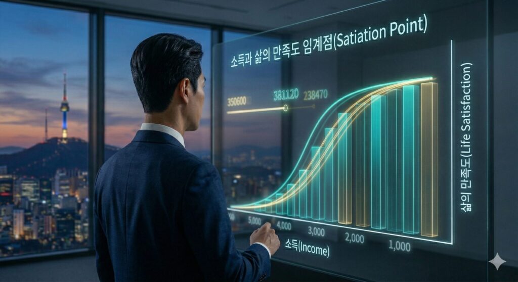 세련된 서울 야경을 배경으로 '소득과 삶의 만족도 임계점(Satiation Point)' 그래프가 표시된 미래형 디스플레이를 응시하는 30대 후반 한국인 남성 직장인의 뒷모습