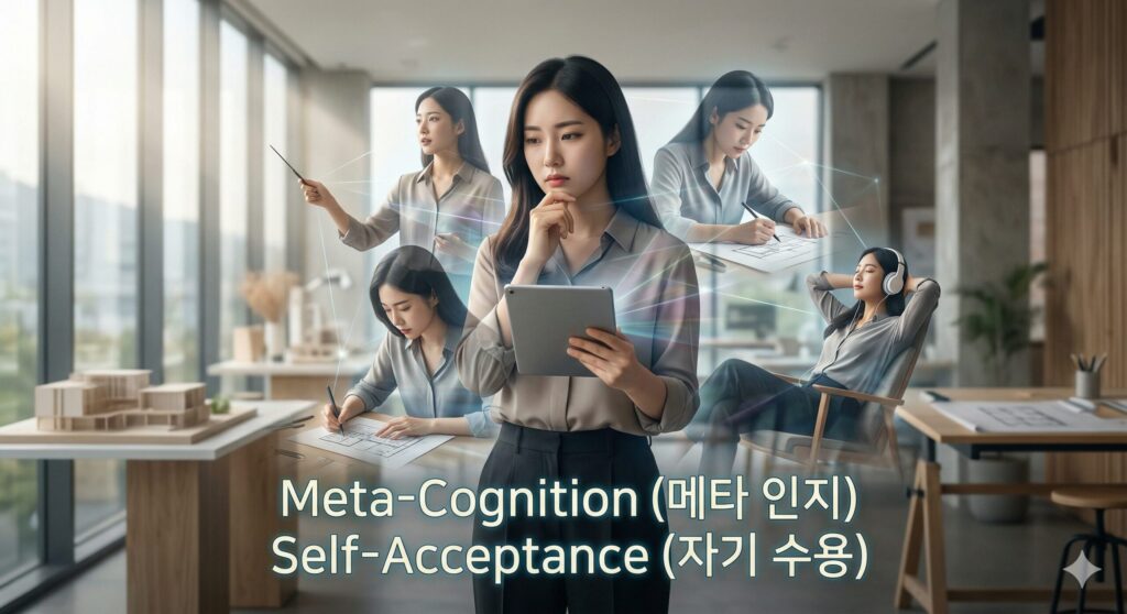 메타 인지와 자기 수용을 통해 커리어 성장을 고민하는 여성 건축가의 현대적인 모습과 다중 페르소나 투영 이미지