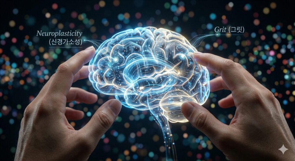 푸른빛으로 빛나는 3D 뇌 모델을 터치하는 손, 신경가소성(Neuroplasticity)과 그릿(Grit) 영문 및 한글 텍스트가 포함된 뇌 과학 기반 동기부여 이미지