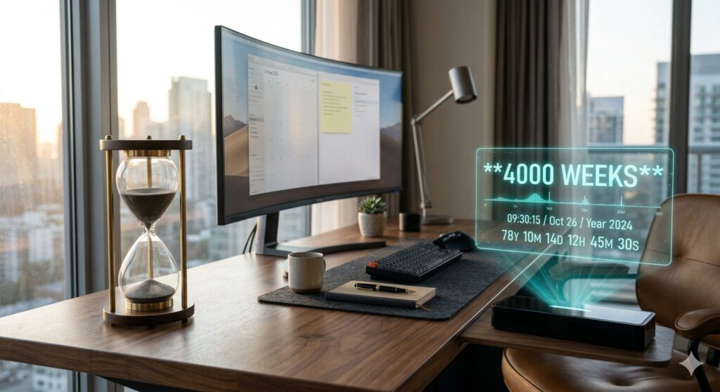 시간 관리 전략을 상징하는 모래시계와 디지털 시계가 놓인 책상