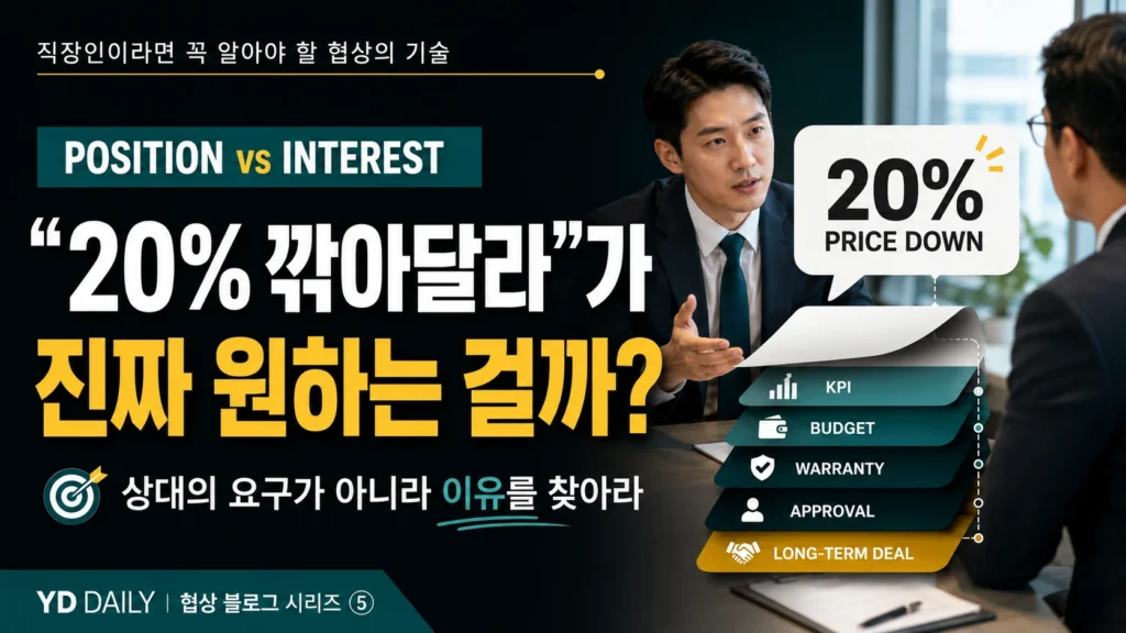 가격 20% 인하 요구 뒤에 숨은 협상 이해관계를 보여주는 Position vs Interest 대표 이미지