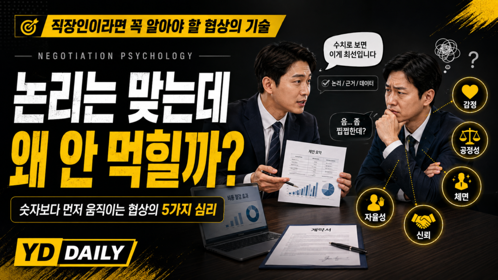 논리와 데이터가 맞아도 감정 공정성 체면 자율성 신뢰 때문에 협상이 실패할 수 있음을 표현한 협상 심리학 대표 이미지